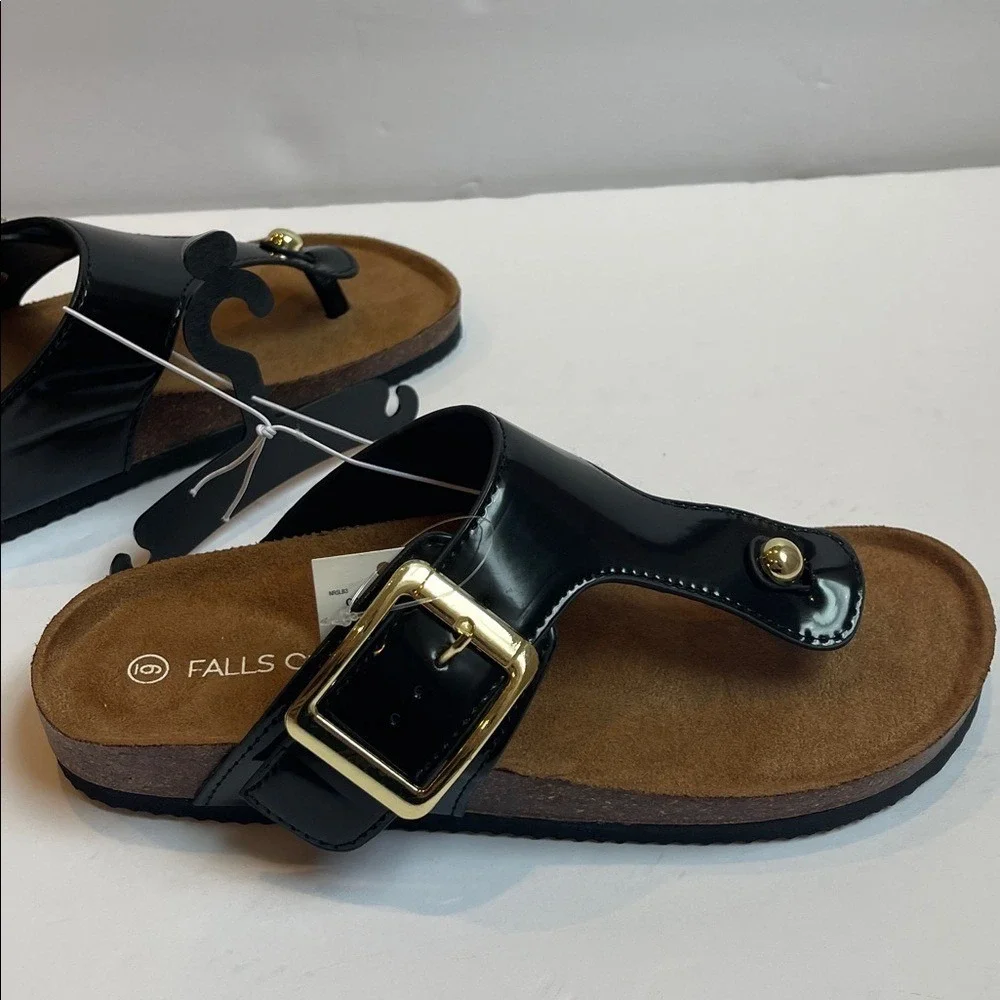 Falls Creek Slip On Black Patent Thong Buckle Sandal 6 NWT‎